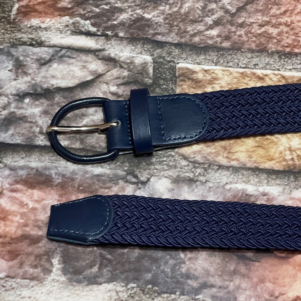 Womens Stretch Woven Elastic Belt Covered Buckle Faux Leather Navy Blue Size 32 - Picture 3 of 8